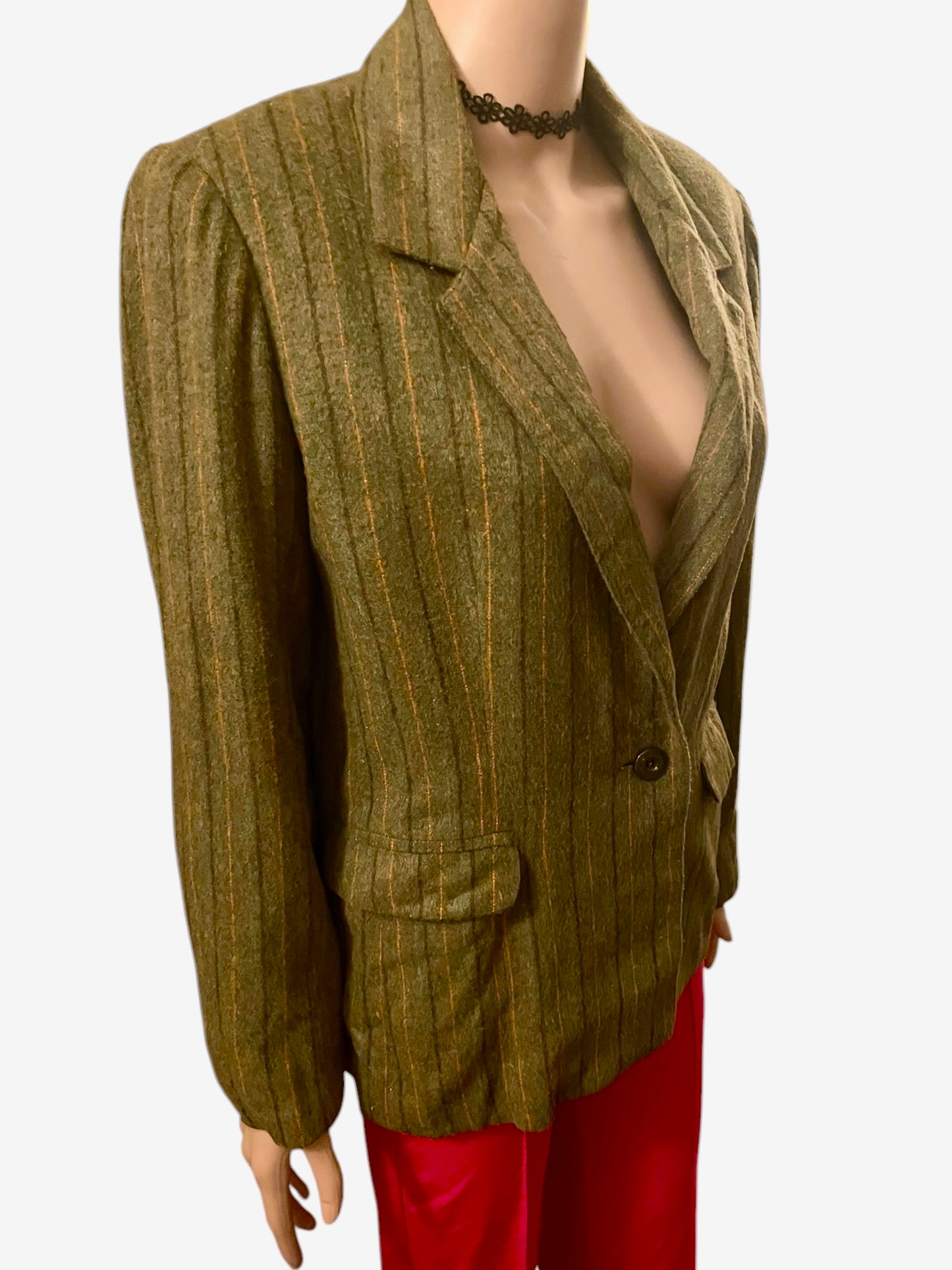 Vintage Blazer Women’s 1920s Striped Jacket Wool Felt Classic Tailored Jacket Khaki Size M