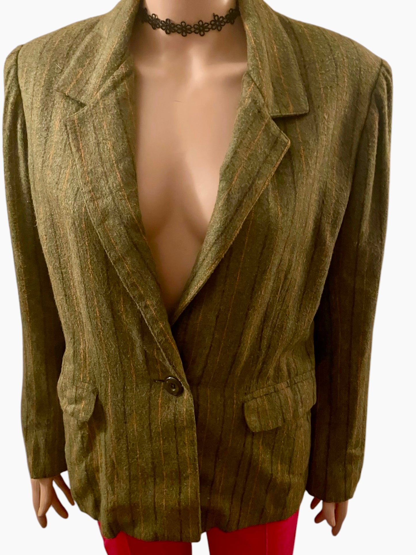 Vintage Blazer Women’s 1920s Striped Jacket Wool Felt Classic Tailored Jacket Khaki Size M