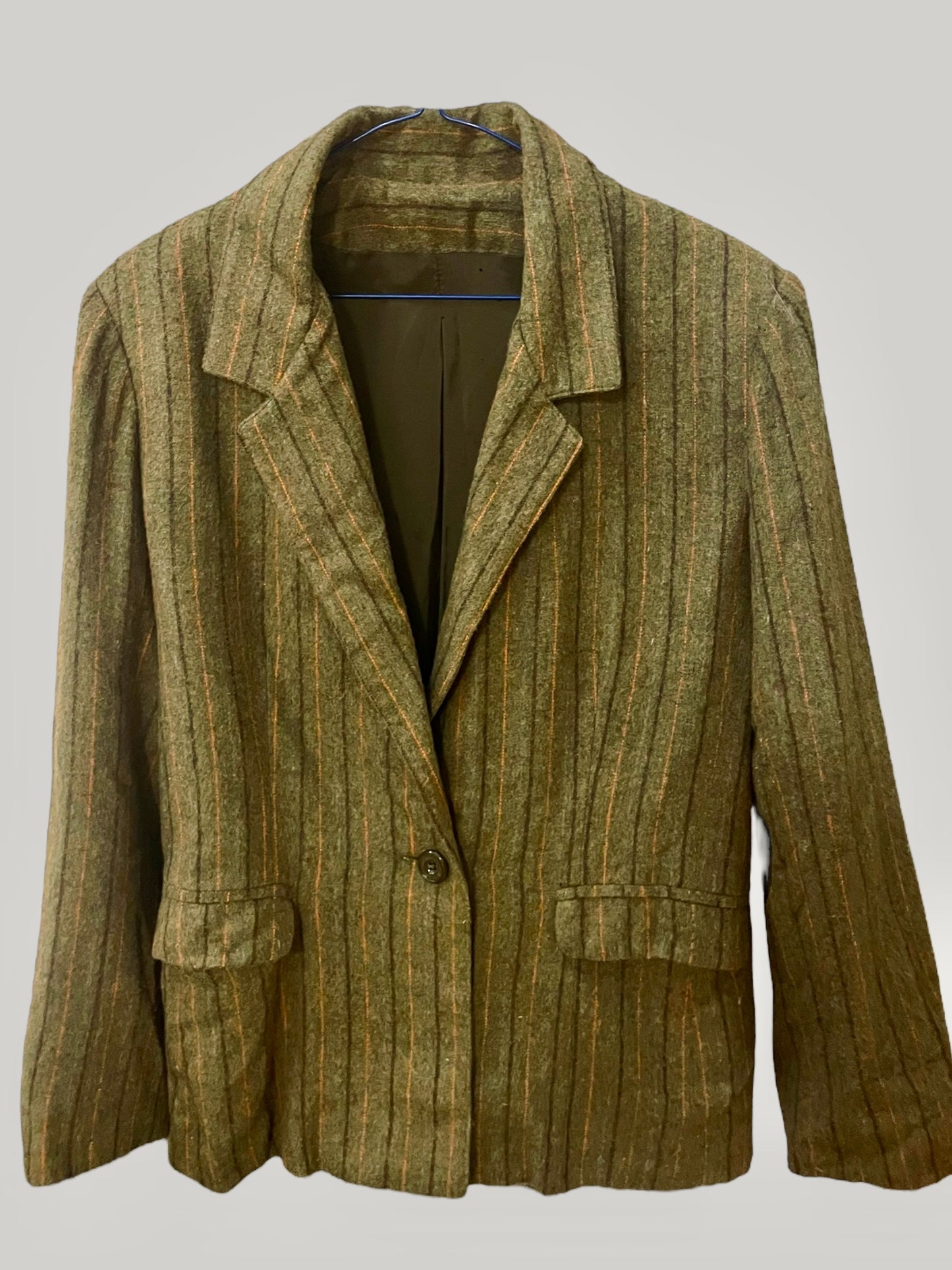 Vintage Blazer Women’s 1920s Striped Jacket Wool Felt Classic Tailored Jacket Khaki Size M