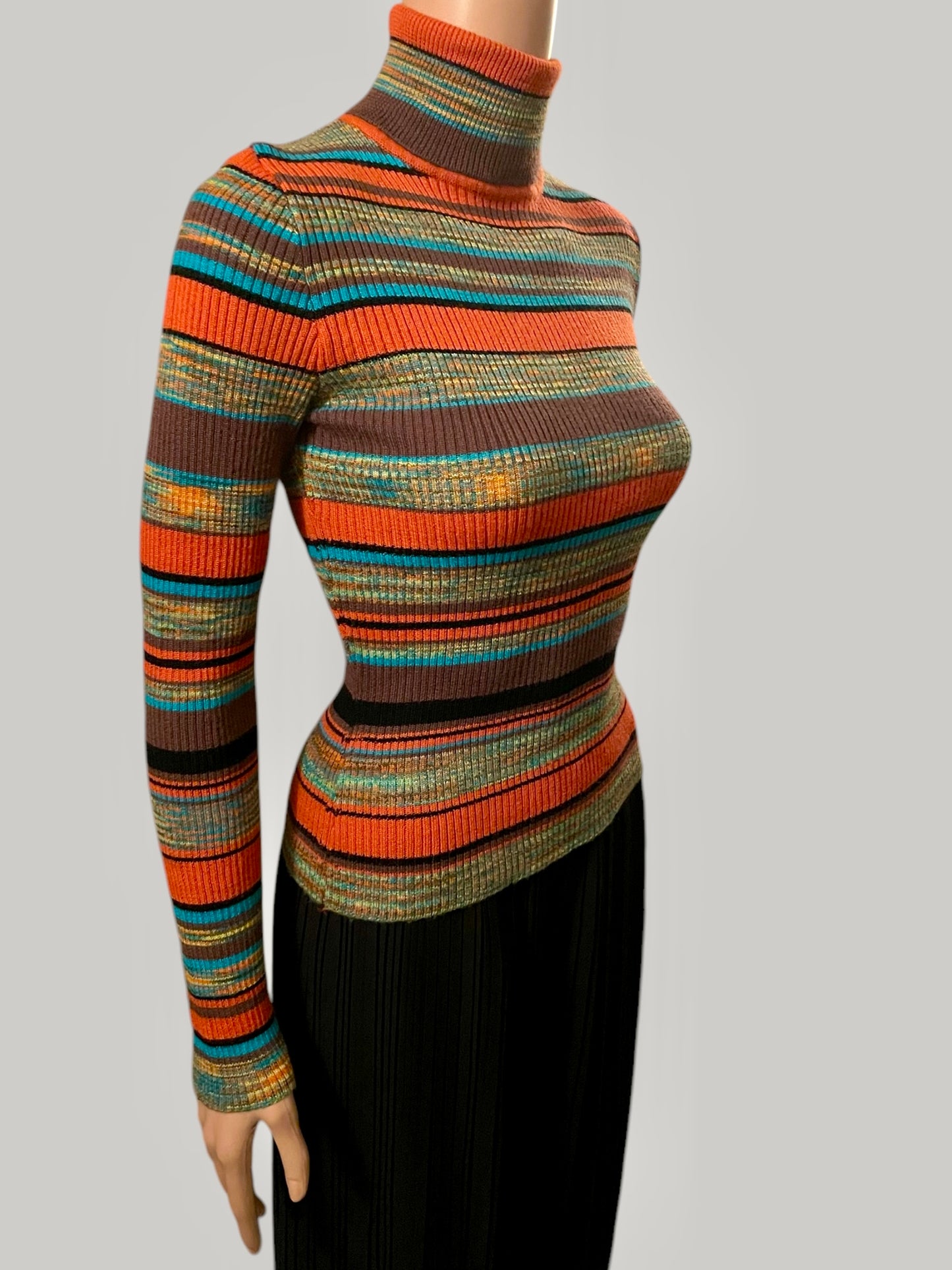 Vintage Turtleneck Striped Ribbed Skivvy Long Sleeve Vintage 80s Knitwear Retro Women’s Size Small