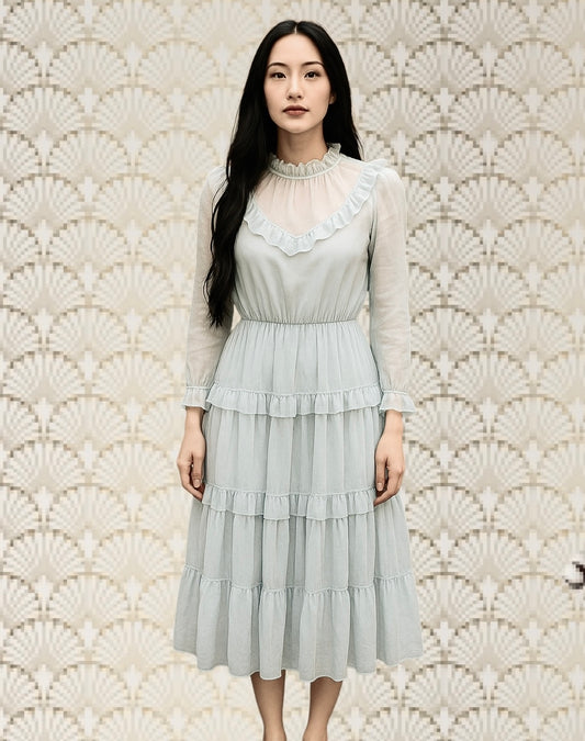 Vintage Ruffle Dress 1970s Grey Tiered Vintage Dress Sheer Cocktail Dress Elegant Frills Size Small