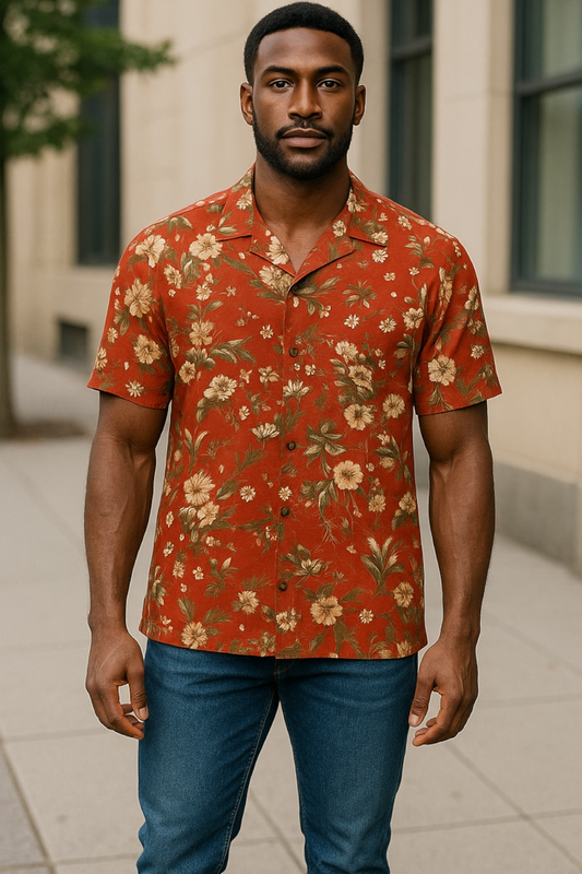 Vintage Hawaiian Shirt Men’s vintage 1970s Red Floral Print Short Sleeve Camp Collar Hosma Red Size Medium